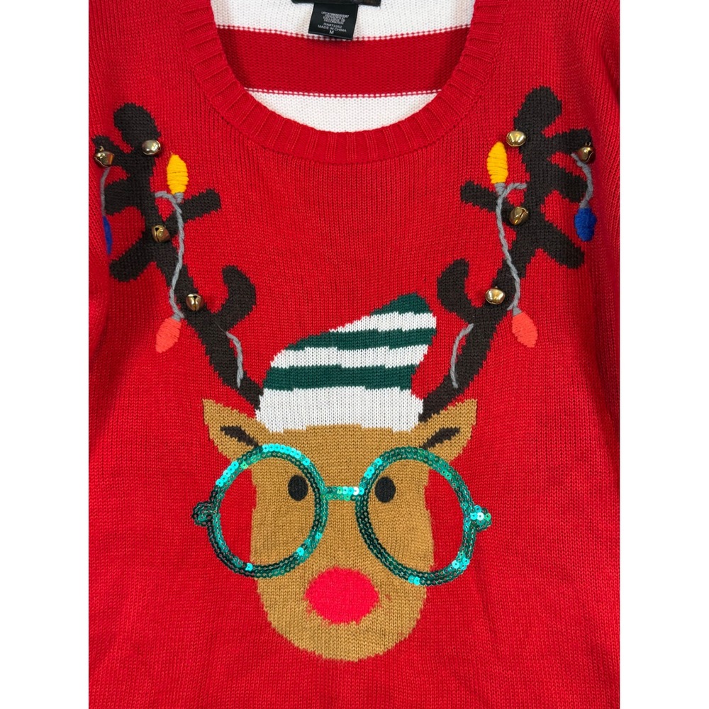 United States Sweaters Womens Red Reindeer Ugly Christmas Sweater Sequin Bell‎ M